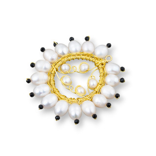 Componente Colgante De Bronce Con Perlas De Río Y Circonitas Hecho A Mano 40mm 2 Piezas Negro