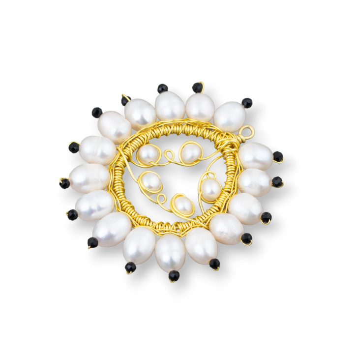 Componente Pendente Di Bronzo Con Perle Di Fiume E Zirconi Lavorato A Mano 40mm 2pz Nero