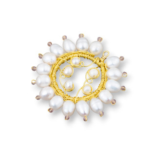 Χειροποίητο Χάλκινο Κρεμαστό Εξάρτημα Με Πέρλες Γλυκού Νερού και Ζιργκόν 40mm 2τμχ Πούδρα Ροζ