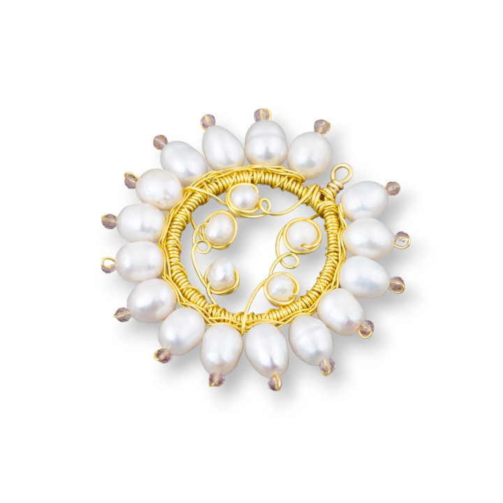 Handmade Bronze Pendant Component With Freshwater Pearls and Zircons 40mm 2pcs Powder Pink