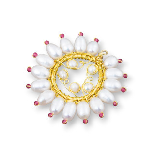 Handmade Bronze Pendant Component With River Pearls And Zircons 40mm 2pcs Ruby