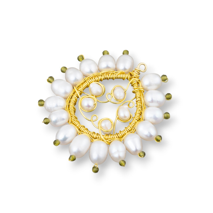 Componente Pendente Di Bronzo Con Perle Di Fiume E Zirconi Lavorato A Mano 40mm 2pz Verde Bosco