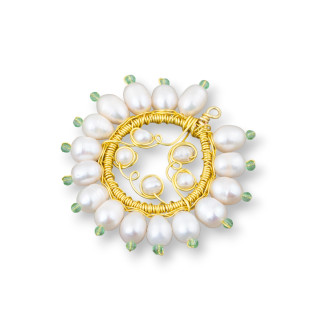 Bronze Pendant Component With Freshwater Pearls And Zircons Handmade 40mm 2pcs Light Green