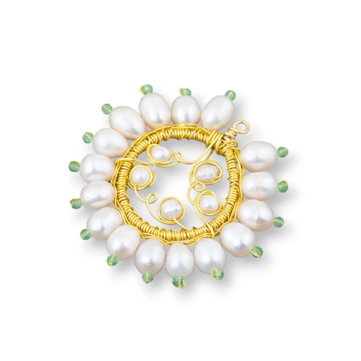 Bronze Pendant Component With Freshwater Pearls And Zircons Handmade 40mm 2pcs Light Green