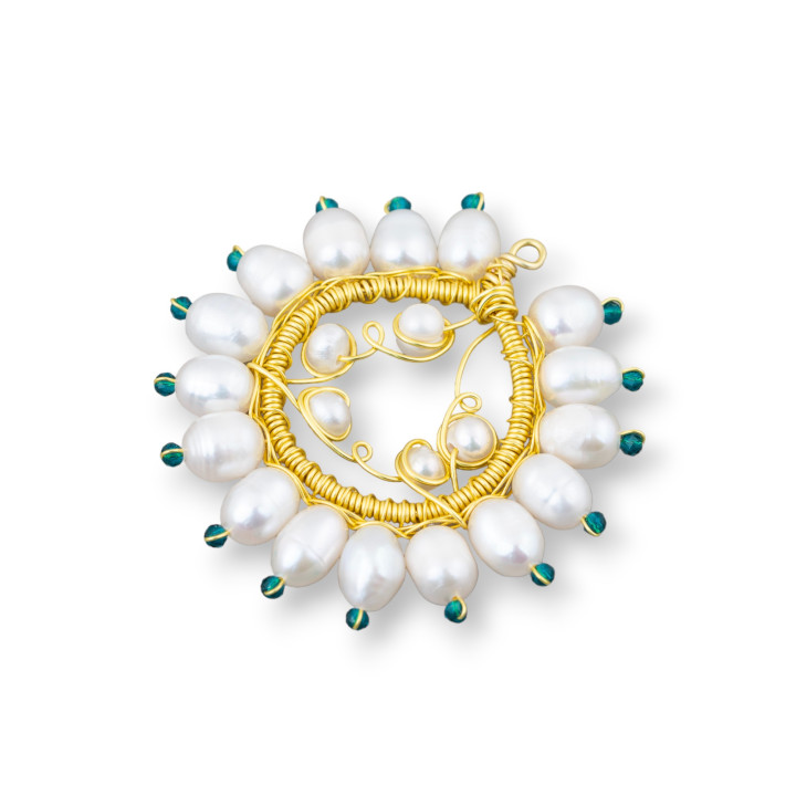 Handmade Bronze Pendant Component With River Pearls And Zircons 40mm 2pcs Emerald Green