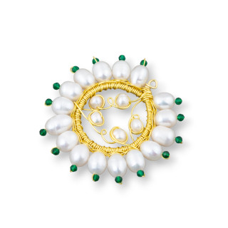 Handmade Bronze Pendant Component With River Pearls And Zircons 40mm 2pcs Transparent Green