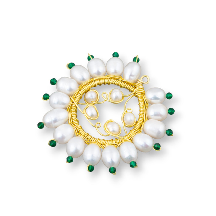 Componente Colgante De Bronce Con Perlas De Río Y Circonitas Hecho A Mano 40mm 2 Piezas Verde Transparente