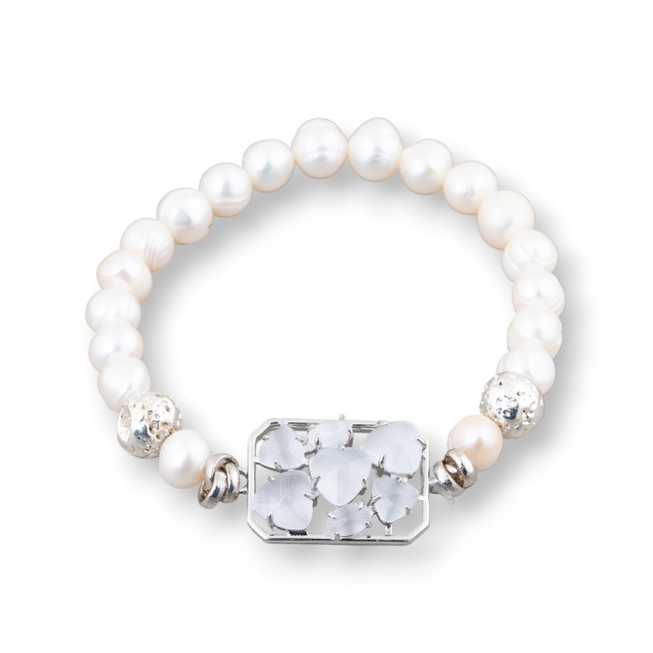 Armband aus beschnittenen Flussperlen 7,5-8,0 mm mit Lavastein und zentraler Bronze mit Katzenauge aus weißem Rhodium