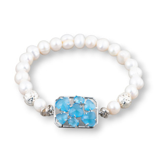 Βραχιόλι Potato River Pearls 7,5-8,0mm με αιματίτη και κεντρικό μπρούτζο με γαλάζιο ρόδιο μάτι γάτας