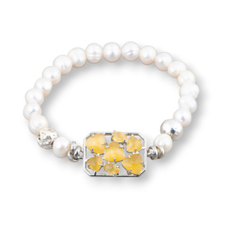 Bracelet Of Potato River Pearls 7.5-8.0mm With Hematite And Central Bronze With Yellow Rhodium-plated Cat's Eye