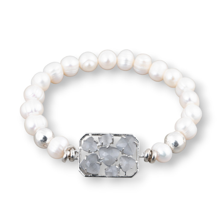 Bracelet Of Potato River Pearls 7.5-8.0mm With Hematite And Central Bronze With Gray Rhodium-plated Cat's Eye