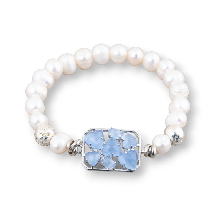 Armband aus beschnittenen Flussperlen 7,5-8,0 mm mit Lavastein und zentraler Bronze mit Indigo-Rhodium-Katzenauge