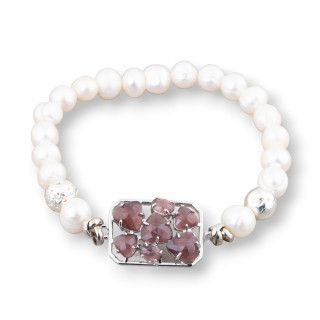 Bracelet De Perles De Rivière Taillées 7,5-8,0mm Avec Pierre De Lave Et Bronze Central Oeil De Chat Rhodié Marron