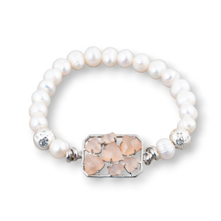 Pulsera De Perlas De Río Podadas 7,5-8,0mm Con Piedra De Lava Y Centro De Bronce Con Ojo De Gato De Rodio En Melocotón