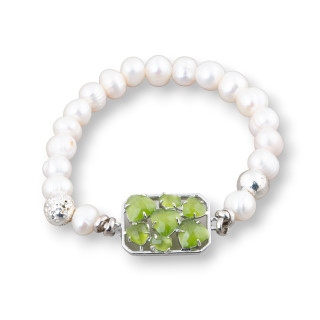 Pulsera De Perlas De Río Podadas 7,5-8,0mm Con Piedra De Lava Y Central De Bronce Con Ojo De Gato Verde Oliva En Rodio