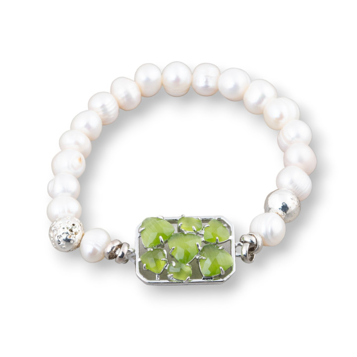 Βραχιόλι Potato River Pearls 7,5-8,0mm Με Αιματίτη και Κεντρικό Χάλκινο Με Πράσινο Ελιάς Ρόδιο Γατίσιο Μάτι