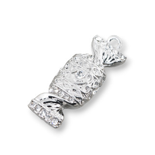 Ciondolo Pendente Di Ottone Caramella Con Zirconi 18x50mm Rodiato