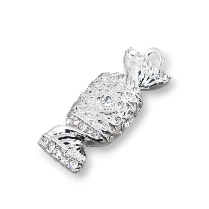 Ciondolo Pendente Di Ottone Caramella Con Zirconi 18x50mm Rodiato