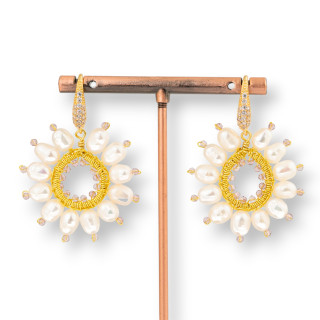 Bronze Lever Earrings With River Pearls And Zircons Handmade 35x45mm Powder