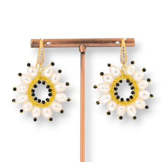 Bronze Lever Earrings with River Pearls and Zircons Handmade 35x45mm Black