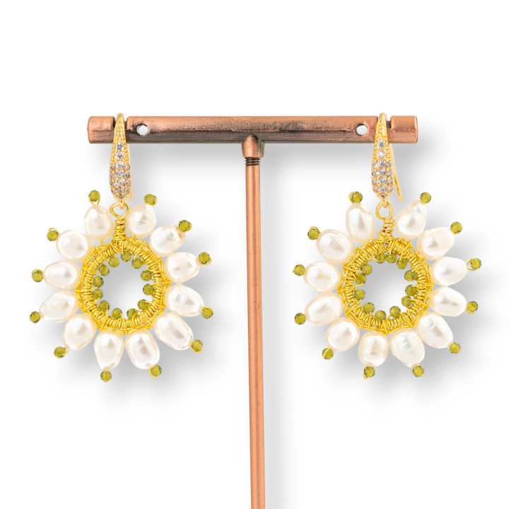 Boucles D'oreilles Crochet En Bronze Avec Perles De Rivière Et Zircons Fait Main 35x45mm Vert Forêt