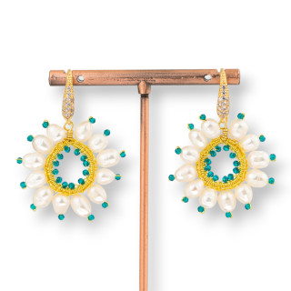 Bronze Leverback Earrings with River Pearls and Zircons Handmade 35x45mm Transparent Green