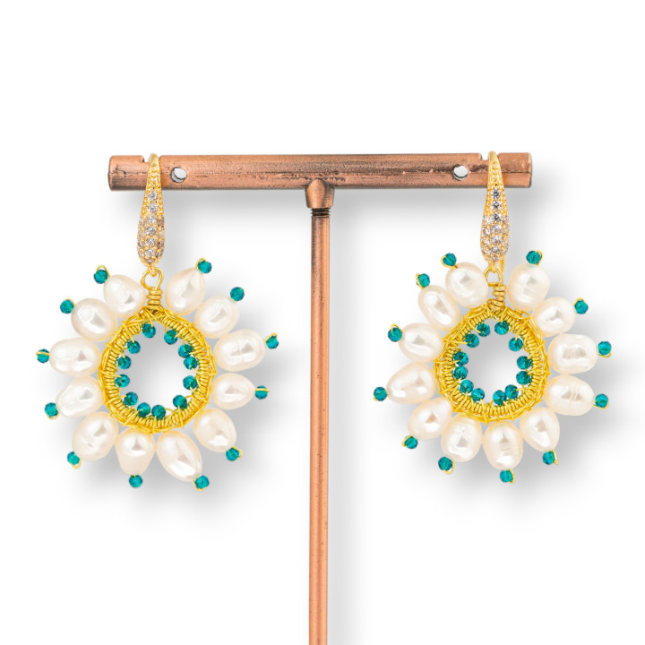 Pendientes Gancho Bronce Con Perlas De Rio Y Circonitas Artesanales 35x45mm Verde Transparente