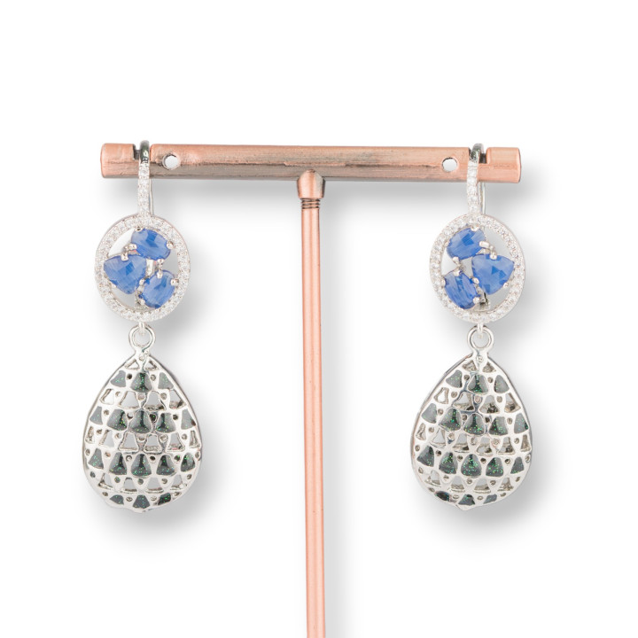 Bronze Hook Earrings With Zircons And Cat's Eye Enamelled Pendant 17x55mm MOD3