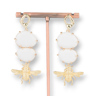 Bronze Stud Earrings with Cat's Eye and Bronze Bees 27x65mm White Agate