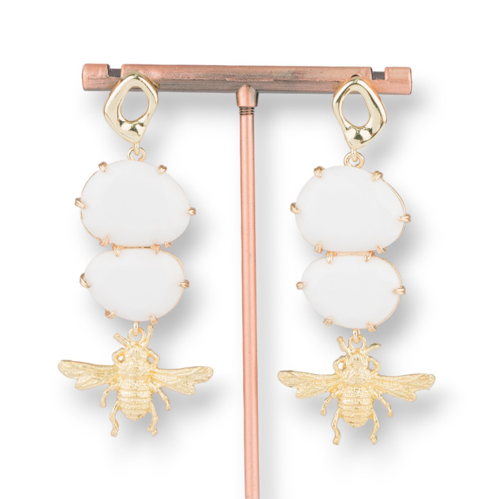 Aretes De Bronce Con Ojo De Gato Y Abejas De Bronce 27x65mm Ágata Blanca