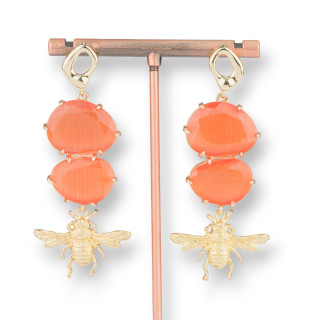Pendientes Bolitas De Bronce Con Ojo De Gato De Bronce Y Abejas De Bronce 27x65mm Naranja