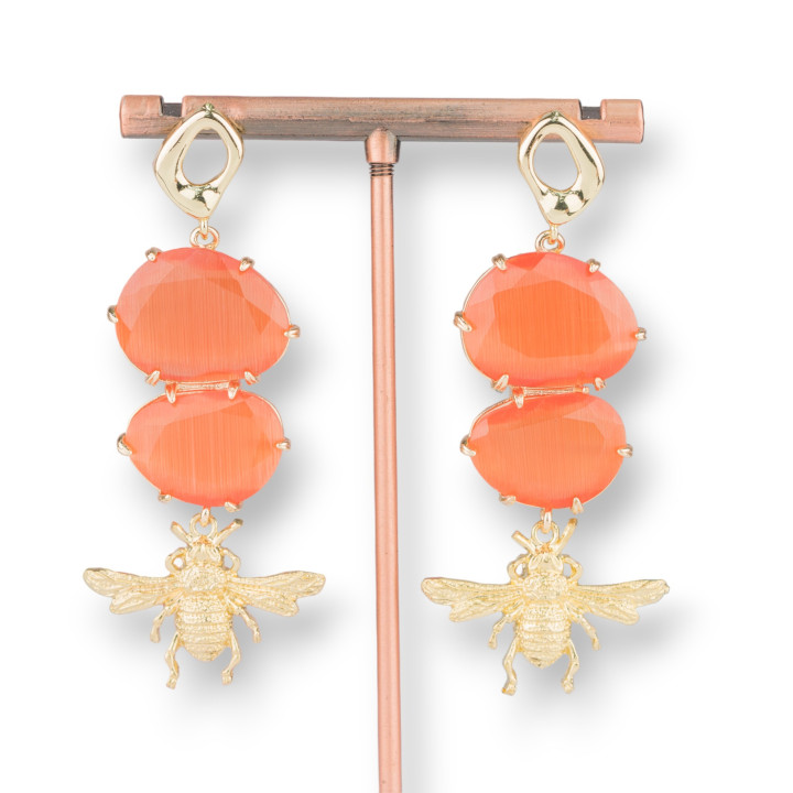 Bronze Stud Earrings with Cat's Eye and Bronze Bees 27x65mm Orange