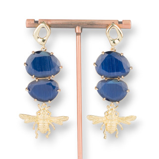 Χάλκινα καρφωτά σκουλαρίκια με Cat's Eye και Bronze Bees 27x65mm Μπλε