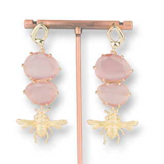 Bronze Stud Earrings with Cat's Eye and Bronze Bees 27x65mm Powder