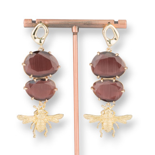 Bronze Stud Earrings with Cat's Eye and Bronze Bees 27x65mm Brown