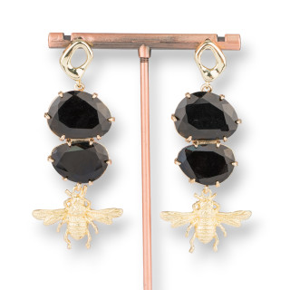 Bronze Stud Earrings with Cat's Eye and Bronze Bees 27x65mm Black