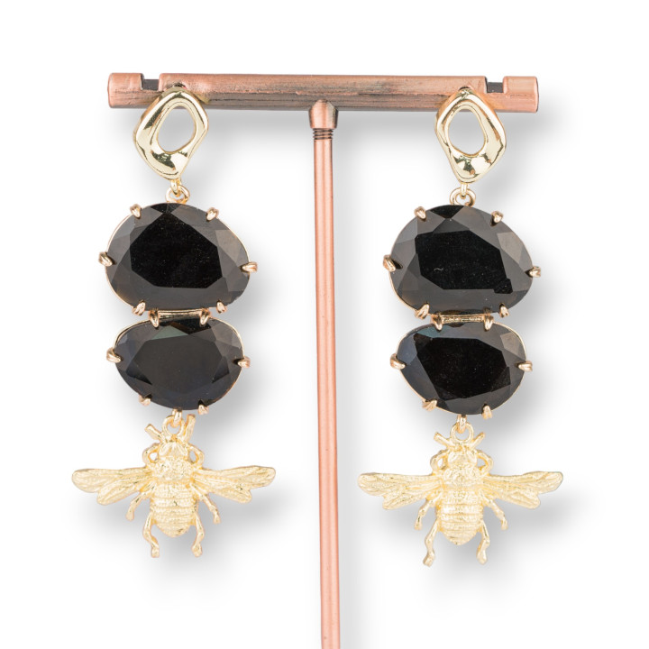 Boucles d'oreilles puces bronze oeil de chat et abeilles bronze 27x65mm noir