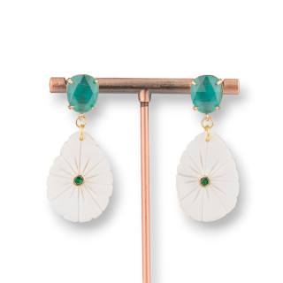 Boucles D'oreilles Tiges En Bronze Oeil De Chat Et Camées Italiens Verts