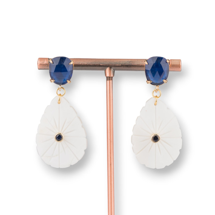 Boucles D'oreilles Tiges En Bronze Avec Camées Oeil De Chat Et Saphirs Italiens