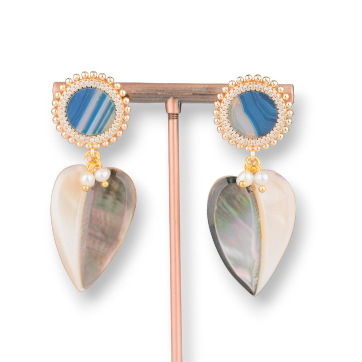 Boucles D'oreilles Tiges En Bronze Avec Pierres Dures Serties Et Gouttes Plates De Nacre 22x58mm Agate Bleue Rayée