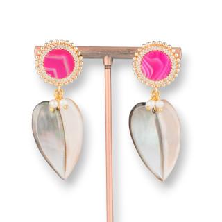 Aretes De Bronce Con Piedras Duras Engastadas Y Gotas Planas De Nácar 22x58mm Ágata Fucsia Estriada