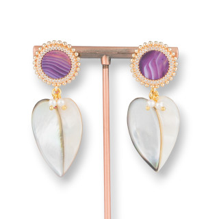 Orecchini A Perno Di Bronzo Con Pietre Dure Incastonate E Gocce Piatte Di Madreperla 22x58mm Agata Viola Striata