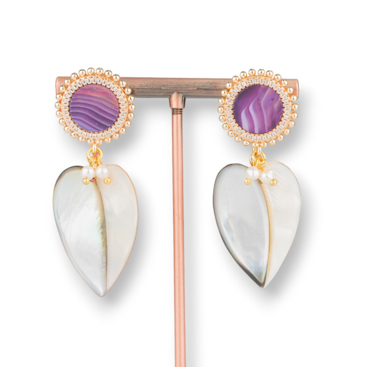 Aretes De Bronce Con Piedras Duras Engastadas Y Gotas Planas De Nácar 22x58mm Ágata Rayada Morada