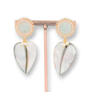 Aretes De Bronce Con Piedras Duras Engastadas Y Gotas Planas De Nácar 22x58mm Jade Aguamarina