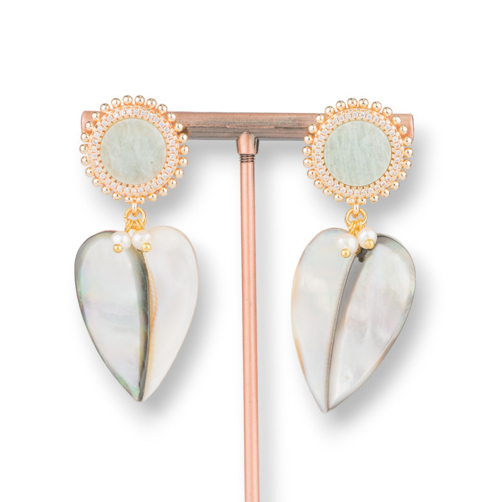 Bronze Stud Earrings Set with Semi-precious Stones and Flat Mother-of-Pearl Drops 22x58mm Aquamarine Jade