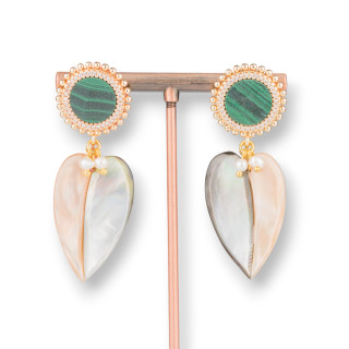 Bronze Stud Earrings Set with Semi-precious Stones and Flat Mother-of-Pearl Drops 22x58mm Malacite