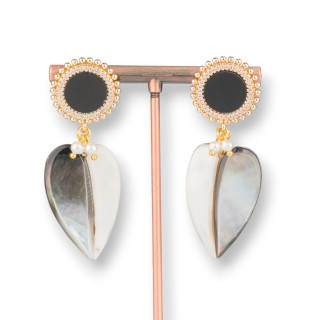 Aretes De Bronce Con Piedras Duras Engastadas Y Gotas Planas De Nácar 22x58mm Onyx