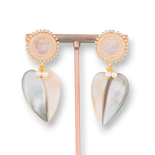 Boucles D'oreilles Tiges En Bronze Avec Pierres Dures Serties Et Gouttes Plates De Nacre 22x58mm Quartz Rose