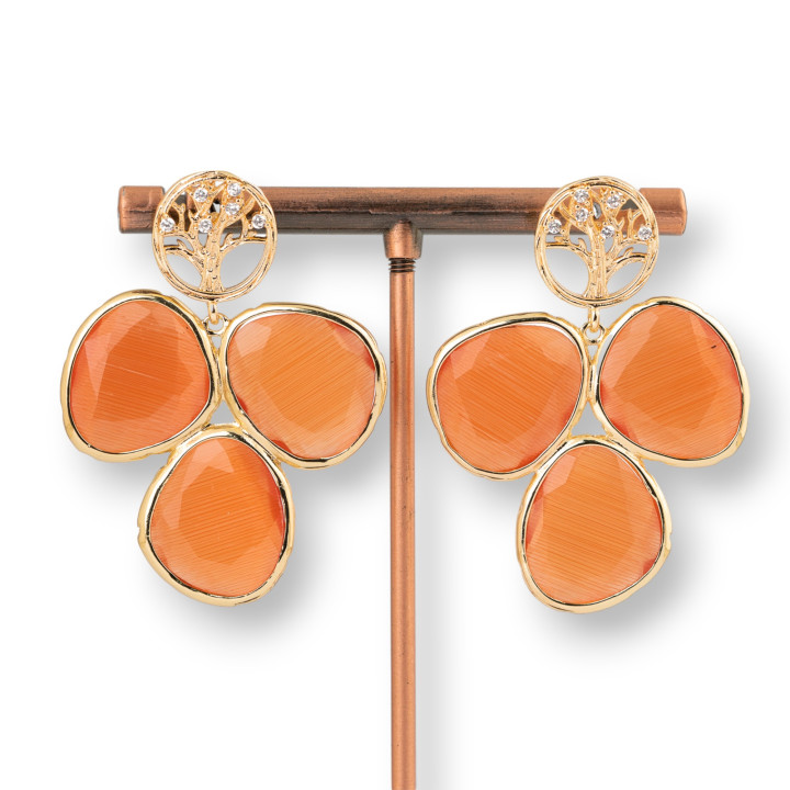 Boucles D'oreilles Tiges Bronze Arbre De Vie Et Cabochon Oeil De Chat 34x45mm Orange