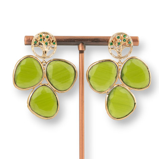 Boucles d'oreilles puces bronze arbre de vie et cabochon oeil de chat 34x45mm vert forêt
